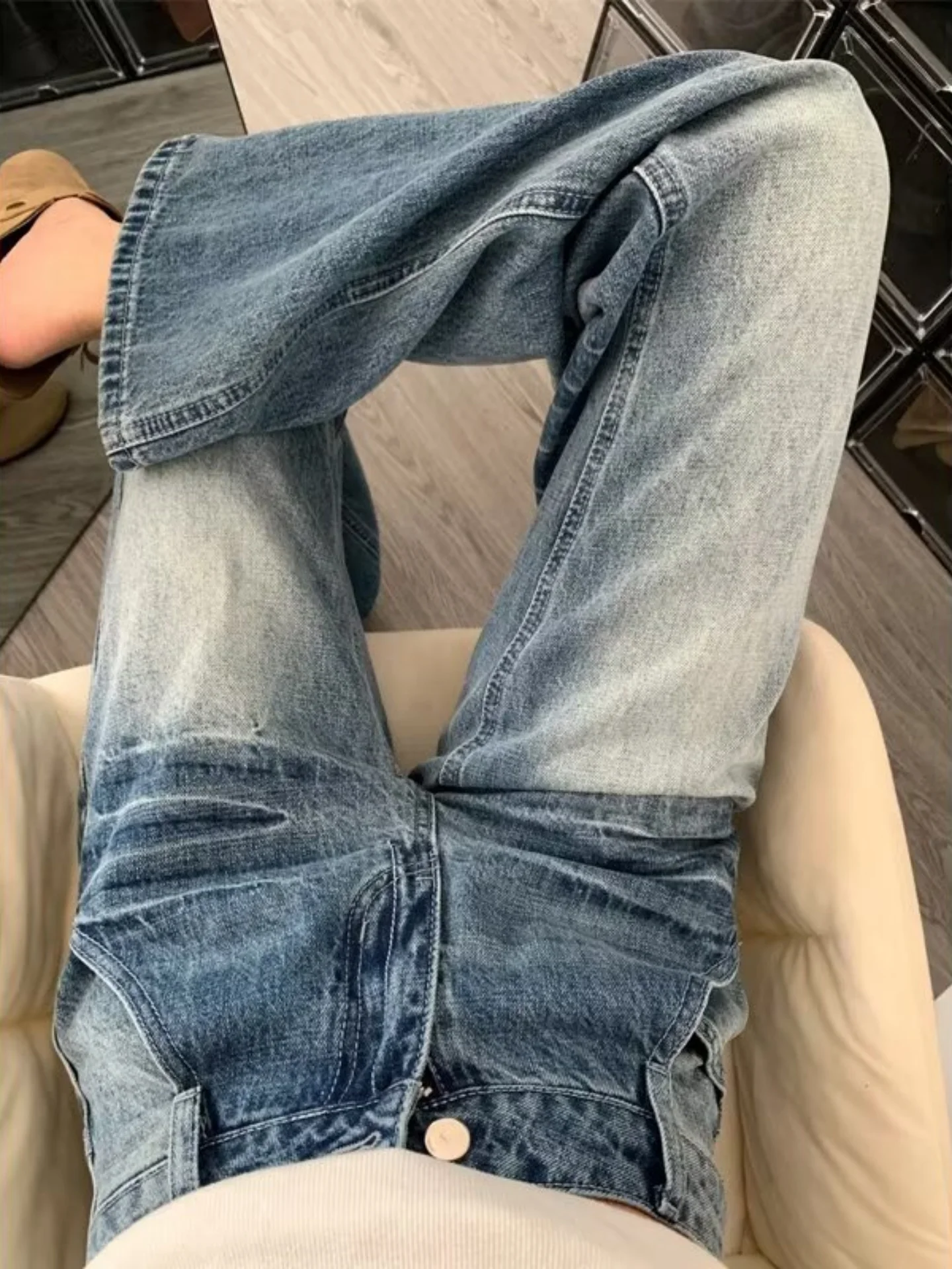 

American Sle Retro Waed Bell Bot Jeans High Waist Slimming Knife Lightning Pattern Straight Leg Long Pants