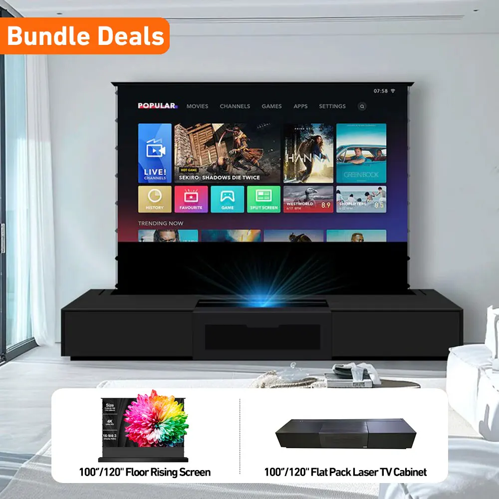 New Beauty Trends 120 Inch 4K Laser Smart TV Cabinet Home Cinema With UST ALR Laser Electric Floor Rising Screens High Quality
