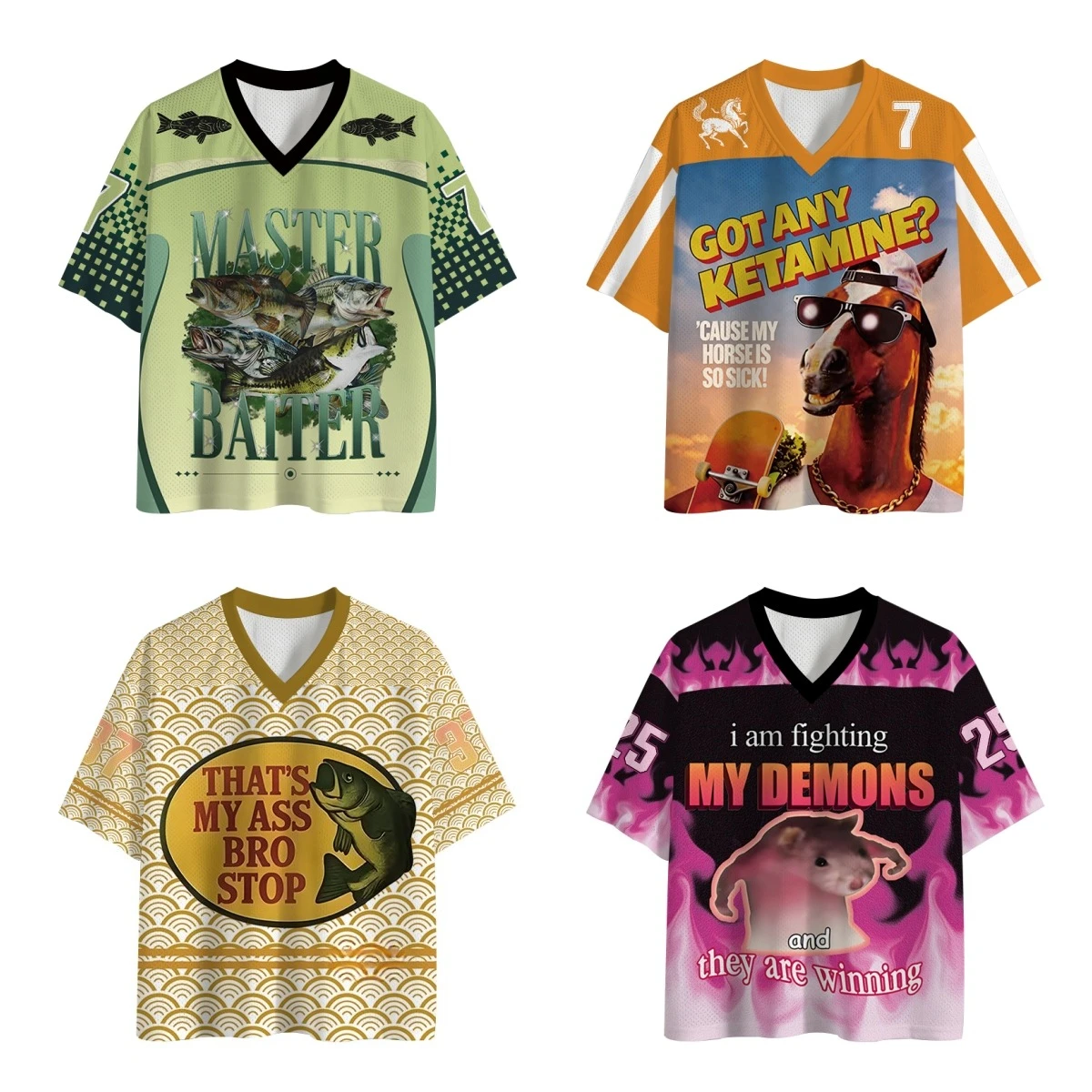 2026 New Fishing & Animal Meme Mesh Football Jersey Bundle, 4 Styles V-Neck Graphic Tee Y2K Unisex Streetwear Short Sleeve Top