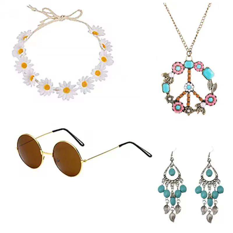 Les accessoires de costume hippie PESENAR comprennent des lunettes de soleil, un collier avec signe de paix, un bandeau et une boucle d'oreille Boho pour une fête des années 60 et 70
