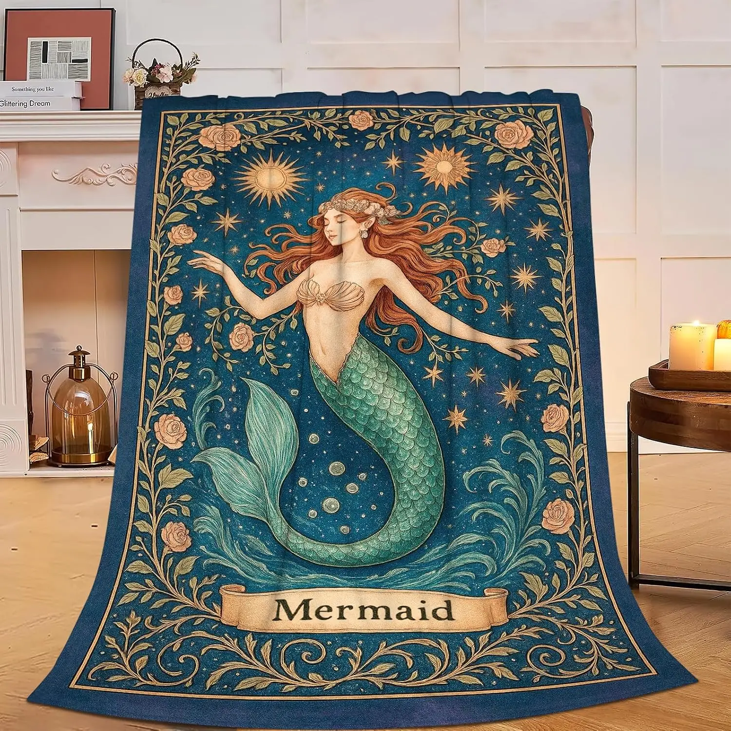 Beautiful Mermaid Flannel Blanket Throw for Bedroom Home Decor Ocean Stars Sea Life Coastal Nautical Plush Gift Aesthetic