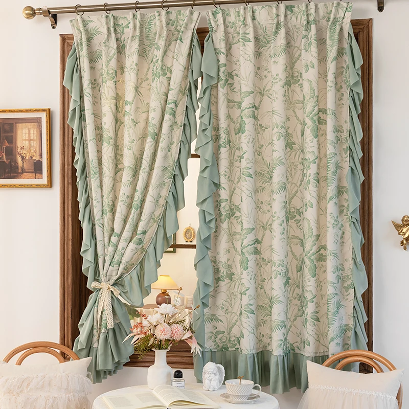 French Retro Cotton Linen Printed Curtains for Living Room American Half Green Pastoral Door Partition Bedroom Window Hook Type
