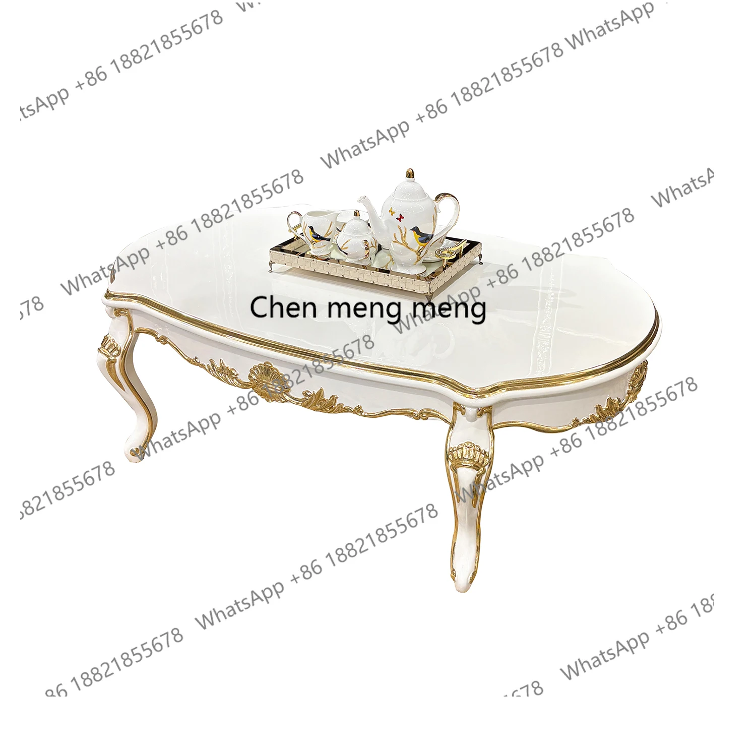 

French solid wood coffee table, oval European luxury carved tea table