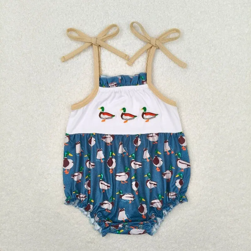 11.19y SR1133 Wholesale Hot Selling Baby Girl Romper with Embroidered Duck Blue Romper