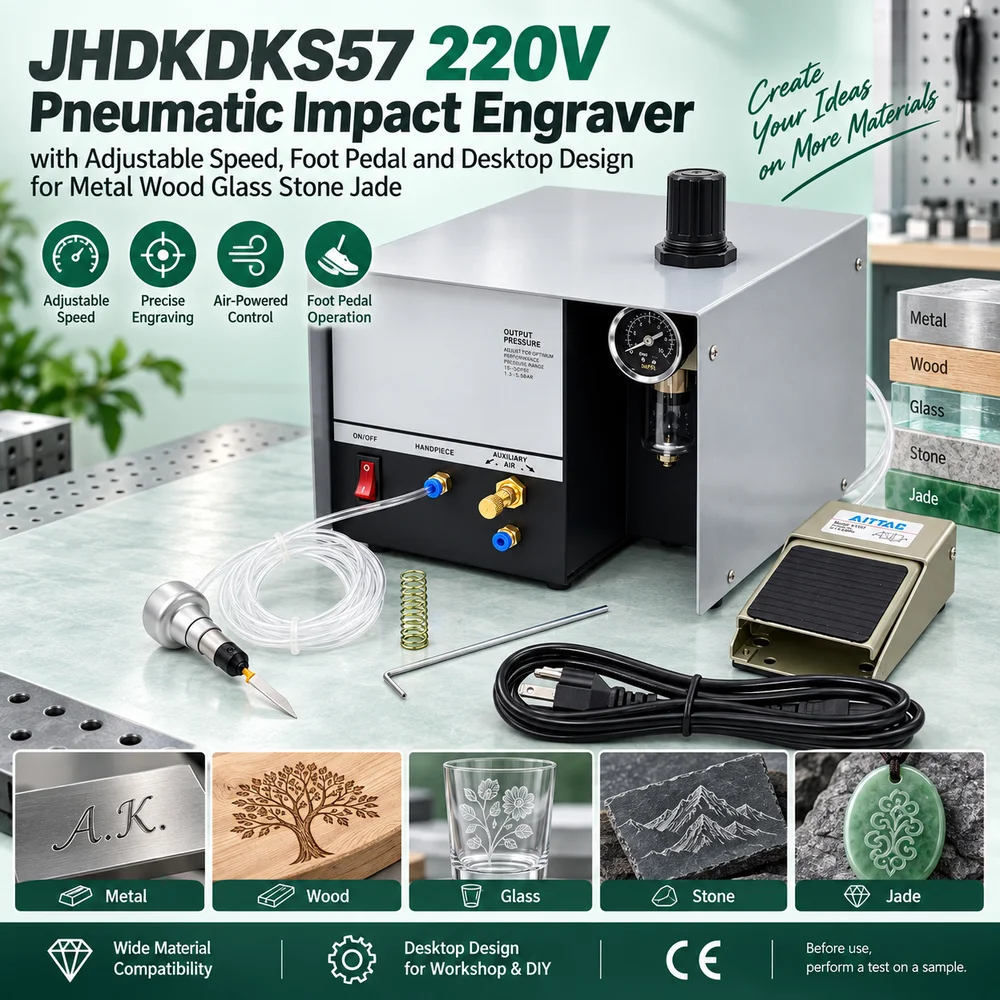 JHDKDKS57 220V Pneumatic Impact Engraver with Adjustable Speed, Foot Pedal and Desktop Design for Metal Wood Glass Stone Jade