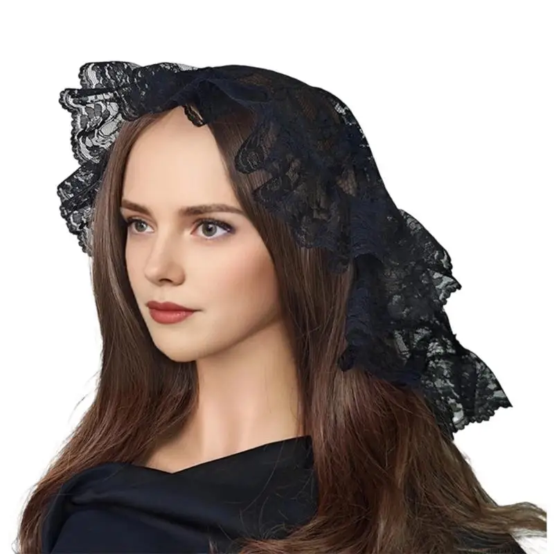 

31BF Cultural Styles Lace Trimmed Head Scarf Comfortable Polyester Headscarf Fashion Hair Decoration For Special Event