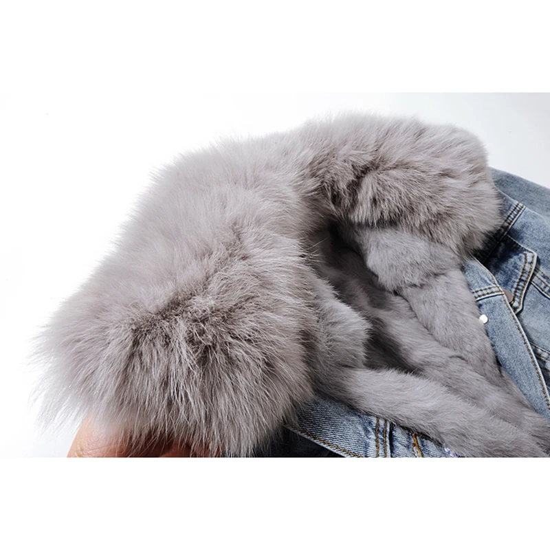 Winter Thick Warm Natural Fox Fur Collar Denim Jacket Women Vintage Blue Loose Short Rabbit Fur Liner Jeans Jacket Coat Female