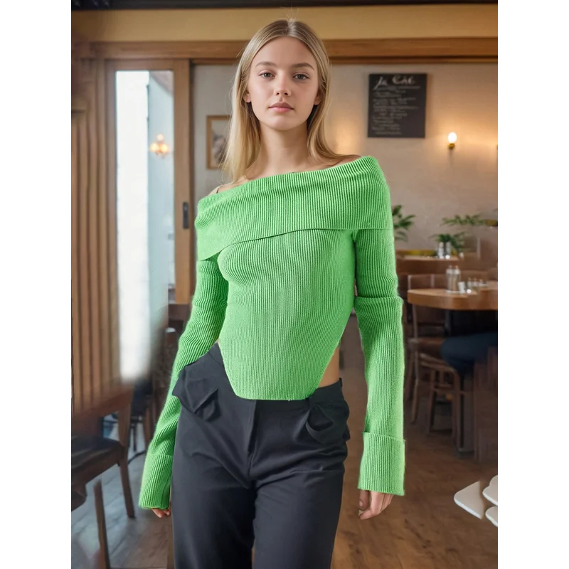 

Japanese Korean Style Asymmetrical Knitting Shirt 2025 Autumn Off The Shoulder Slim Bell Sleeve Pullover Sweater For Women