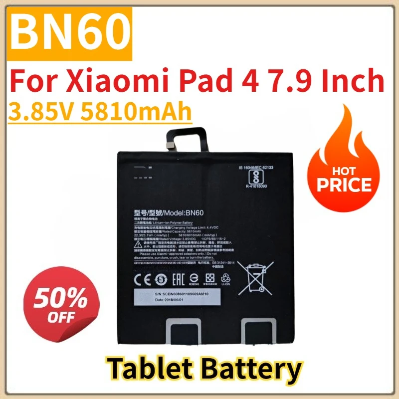 Tablet Battery 3.85V 5810mAh BN60 for Xiaomi Pad 4 7.9 Inch Replacement Battery Brand-New High Quality