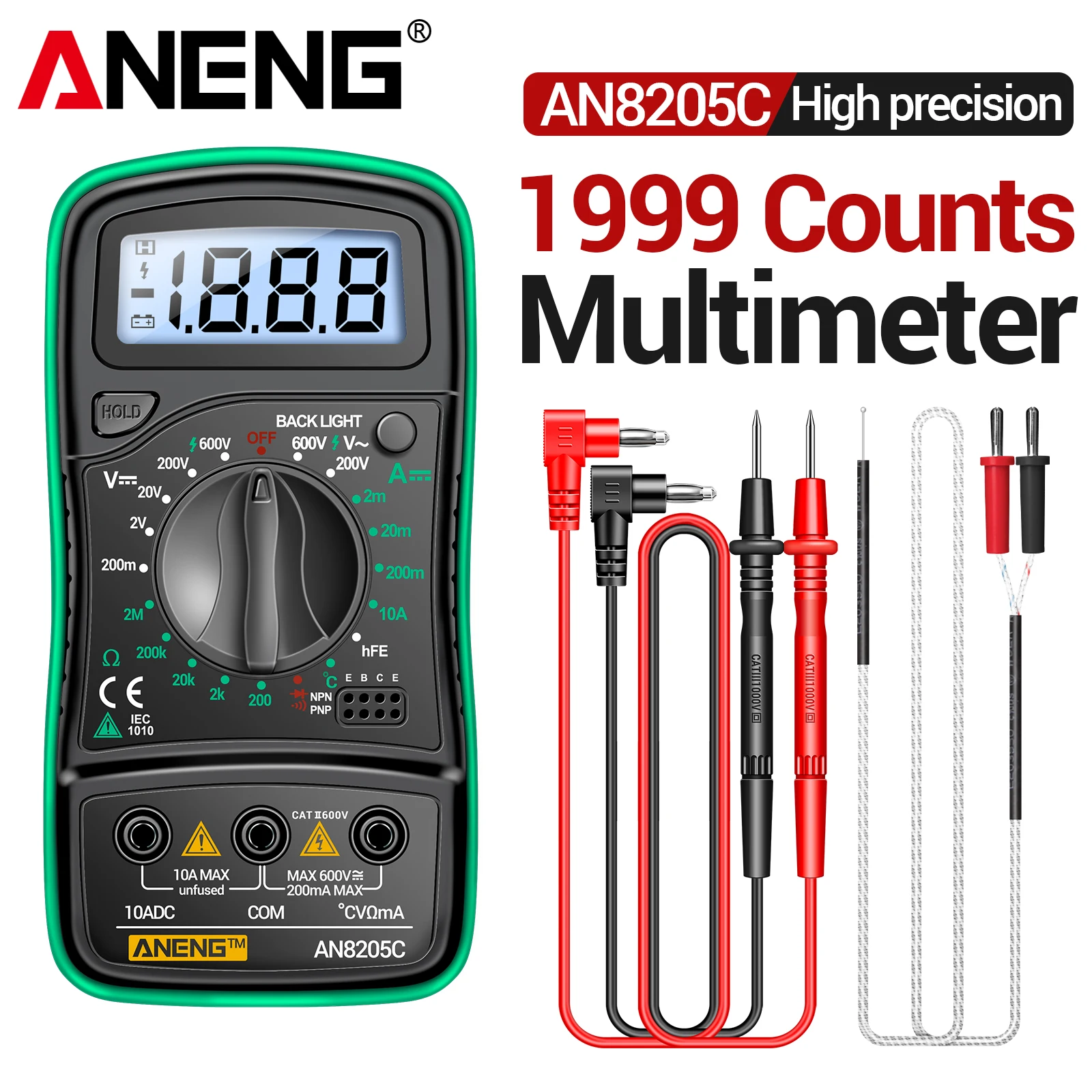 Multímetro digital de alta precisión ANENG AN8205C, medidor de transistores hFE, diodos, prueba de encendido/apagado con zumbador, pantalla retroiluminada, para reparación automotriz y doméstica