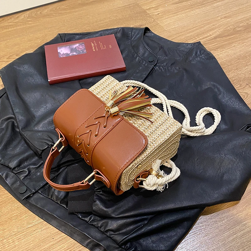 Strand Stroh Umhängetasche für Frauen neue Designer Boho Sommer tasche Pu Leder Handtasche und Geldbörse Reise Umhängetasche – Detail 23