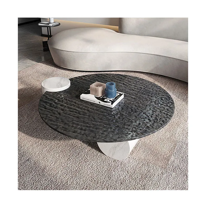 Minimalist Nordic modern marble base hot melt round water ripple glass coffee table