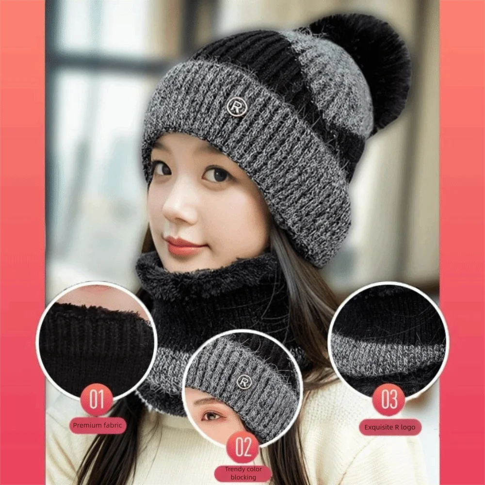 Versatile Elastic Cap and Scarf Suit Contrast Color Soft Compact Scarf All-match Acrylic Fibers Winter Pullover Cap Outdoor