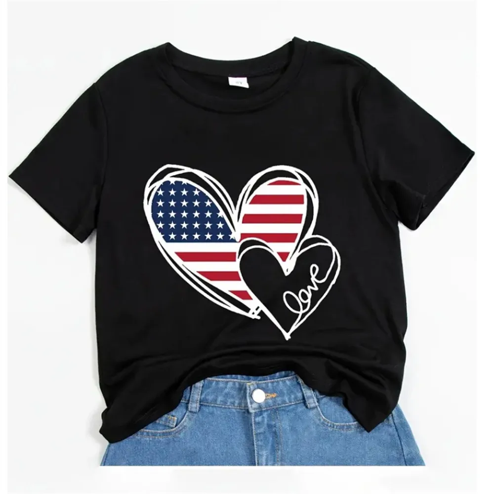 Tops for Children Summer Heart Pattern T Shirt Girl Kids Clothes 3D Print Tee Shirts Korean Kawaii T-Shirts from 6-12 Years Tops