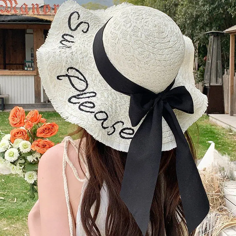 bondshan-夏用大きなつばの麦わら帽子-レディース-刺繍文字入り帽子-ビーチバケーション日よけ帽子-ノットハット