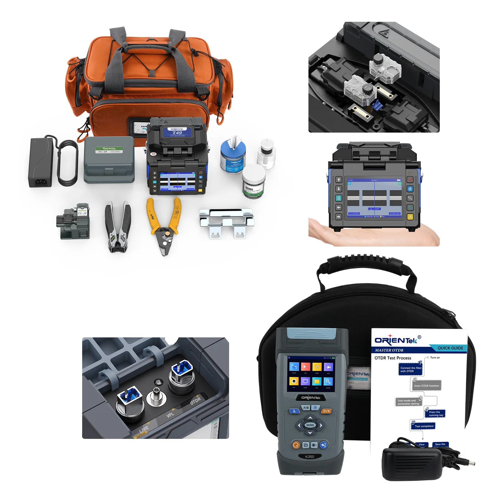 

OrienTek FTTx T49 Fiber Optic Fusion Splicer Support 120 Times of Splicing + Heating with 0.01dB Low Loss +K350 FTTH Fiber OTDR