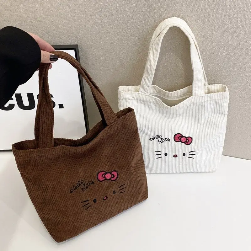 

New embroidered Hello Kitty handbag Women's shoulder bag Fashion Cute cartoon Sanrio corduroy tote bag shoulder crossbody bag