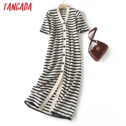 Tangada 2023 Women Striped Knit Dress V Neck Short Sleeve Ladies Midi Dress 4C338