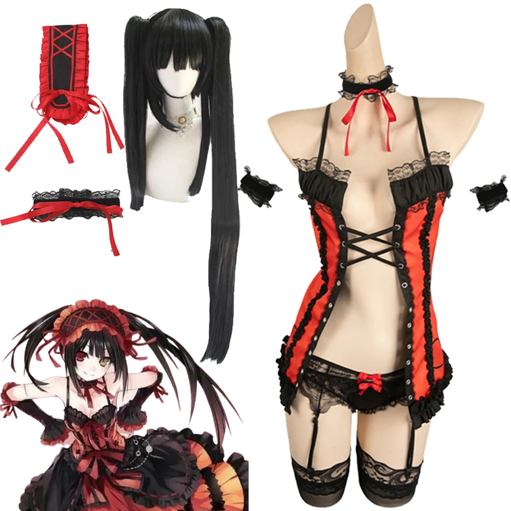 

Сексуальное эротическое нижнее белье для косплея Tokisaki Kurumi Костюм Аниме свидание ролевые игры парики головная повязка наряды женские маскировочные костюмы