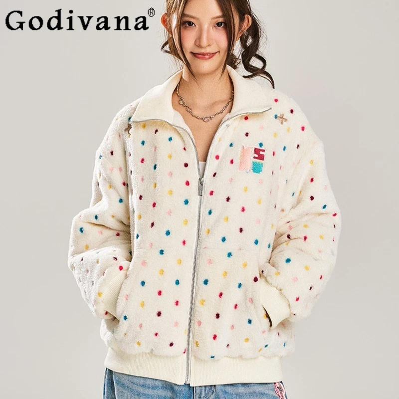 

Colorful Embroidered Stand Collar Jackets Female Japanese Style Color Dot Lamb Wool Coat High Street Loose Coat for Women