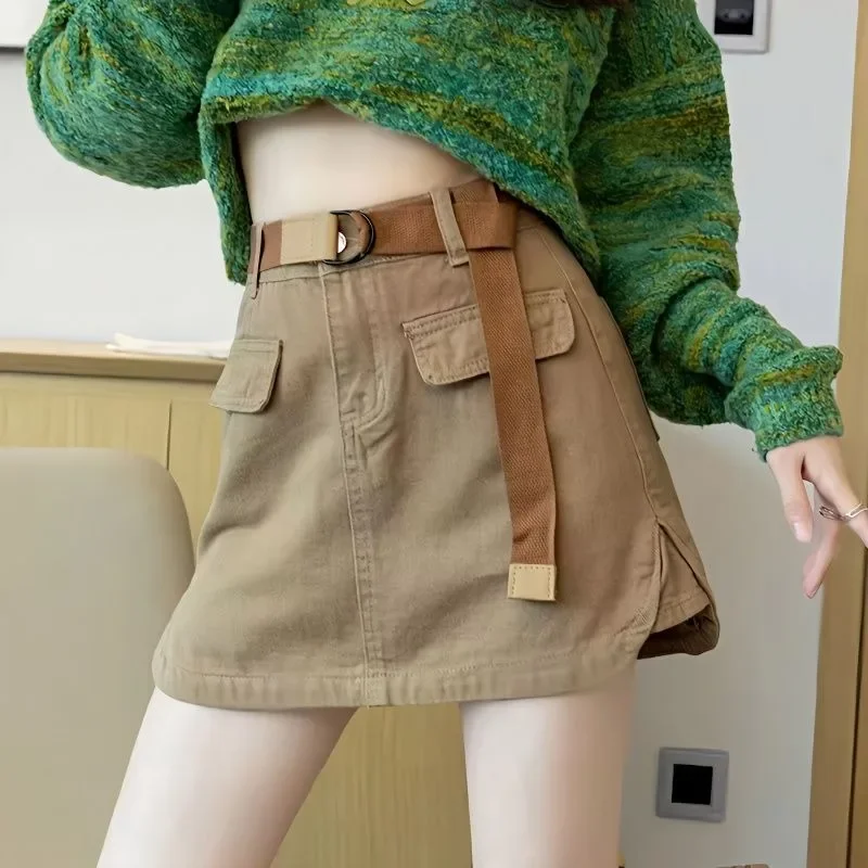 

Khaki Retro High-waisted Denim Cotton Miniskirts Female Anti-emptied A-line Package Hip Dresses Summer Women's Short Dress New