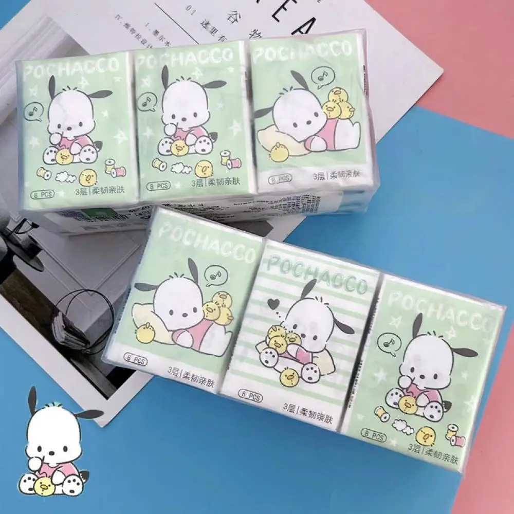 Kawaii Hello Kitty Handkerchief Paper Cartoon Sanrio Pochacco Kitty Printed Napkins Portable Small Pocket Tissues Facial Paper