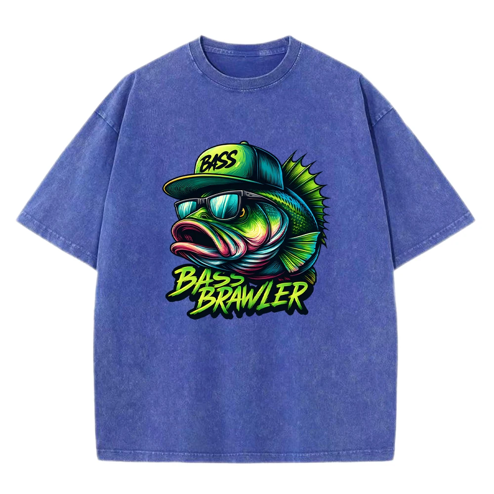 

Bass Brawler Hip Hop Fish Printing Men Washed T-Shirt All-Match Casual T Shirts Cotton Soft Summer Clothes Loose Trendy Top