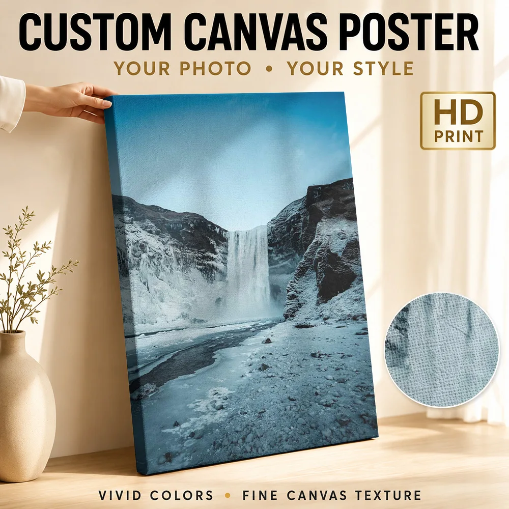 Frozen Waterfall Landscape Framed Canvas Poster Personalized Photo Detailed Realistic Composition Wall Art For Lodge Reception