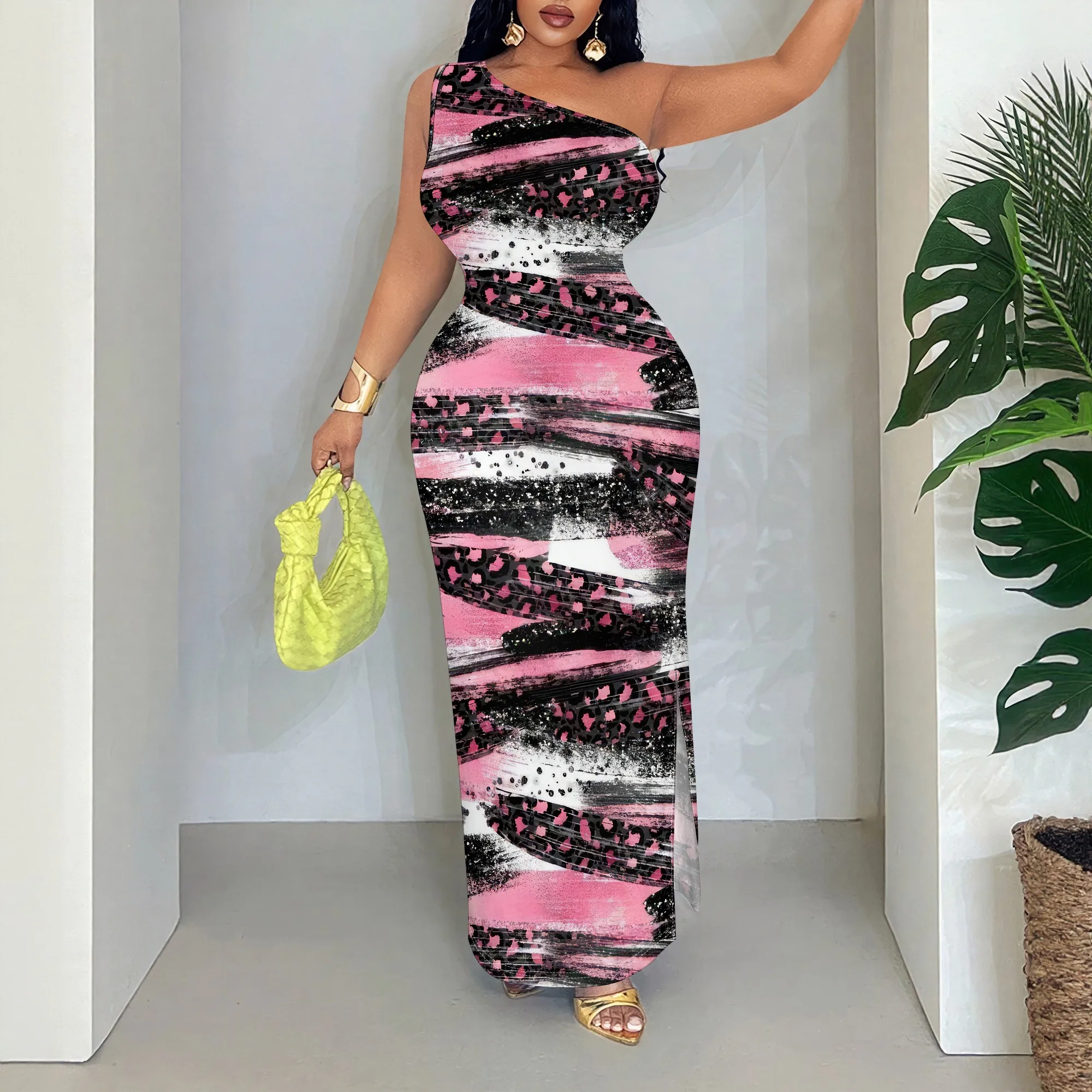 Abstract Pink Black Leopard Print One Shoulder Maxi Dress, Sleeveless Ruched Bodycon Gown, Party Club Evening Wear, S-2XL