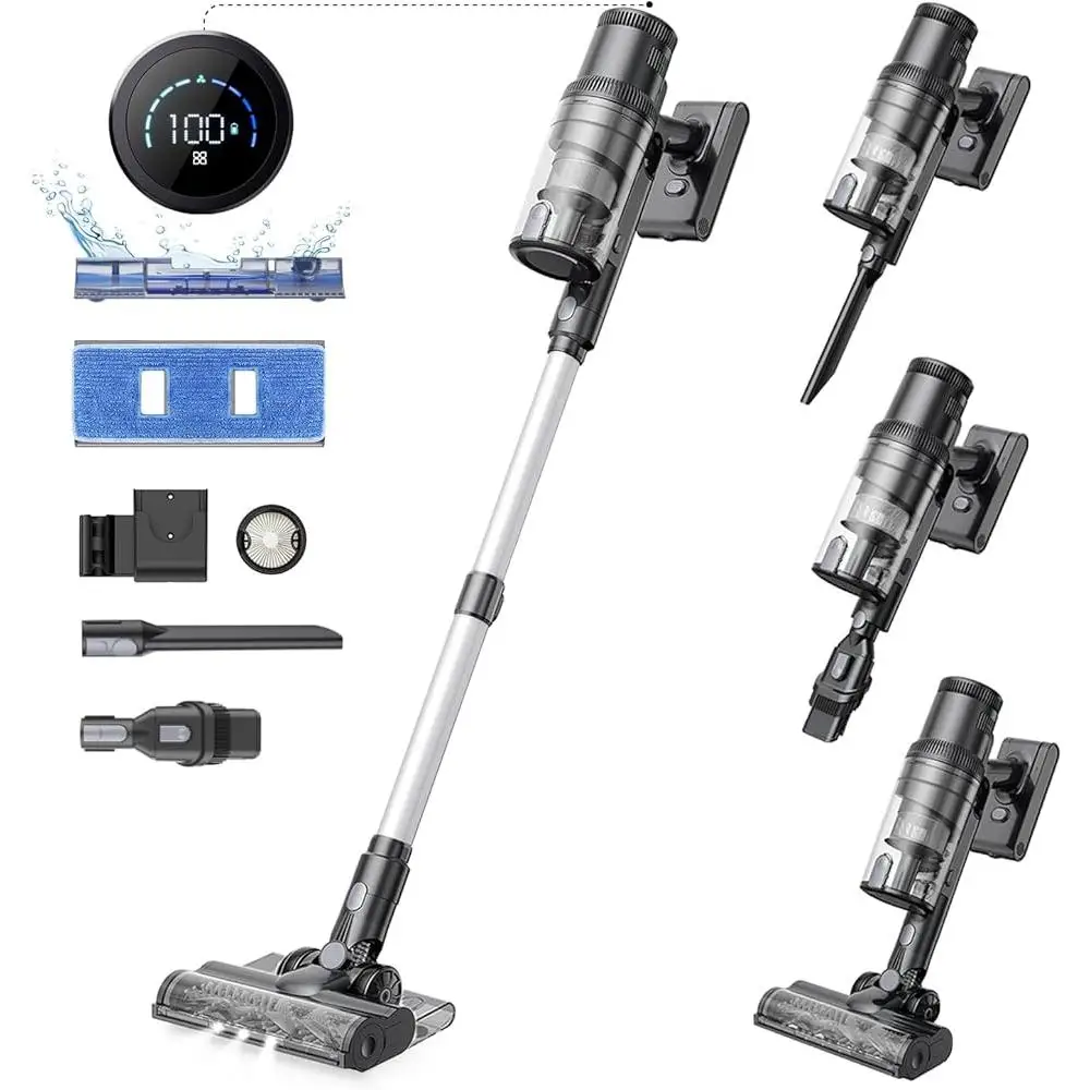 Cordless Wet Dry Vacuum Cleaner 45Kpa Suction Lightweight Stick Vacuum Mop Combo LED Display 50Min Runtime HEPA Filter