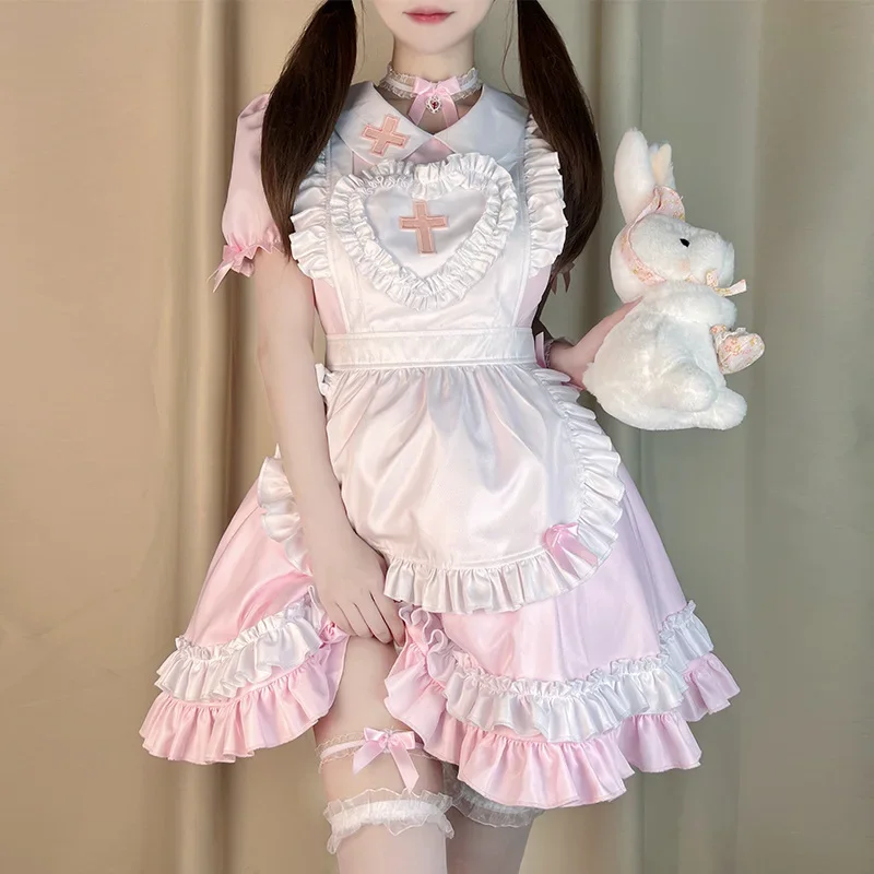 Cosplay meid kostuum anime crème lieverd outfit Roze Lolita Jurk schattig meisje meid dragen uniform korte mouwen verpleegster kostuums d