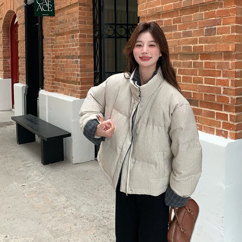 Damska kurtka puchowa na co dzień, uniwersalna, zimowa, nowa, w stylu koreańskim, retro, z pionowymi paskami, designerska, z wysokim kołnierzem, krótka.