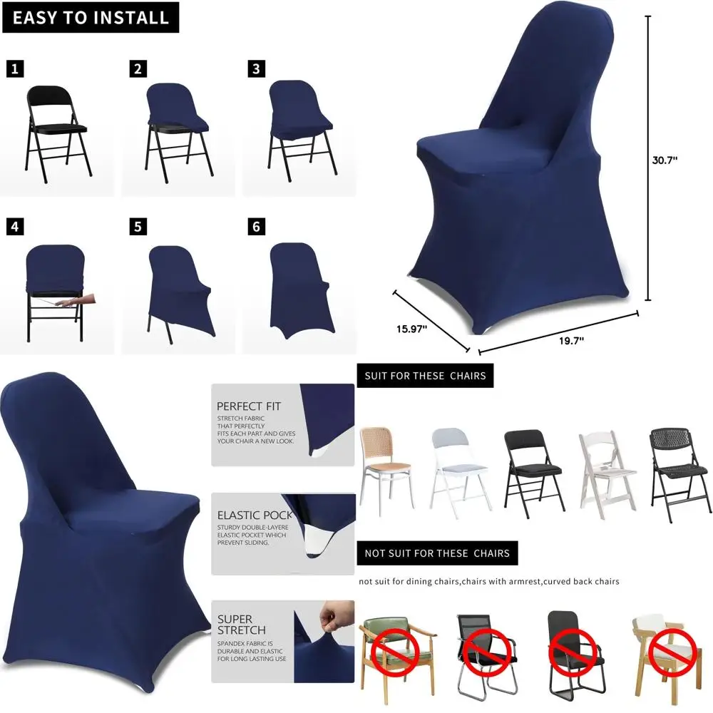 

Universal Spandex Chair Covers, 30 Pack, for Weddings, Parties, and Celebrations, Navy Blue