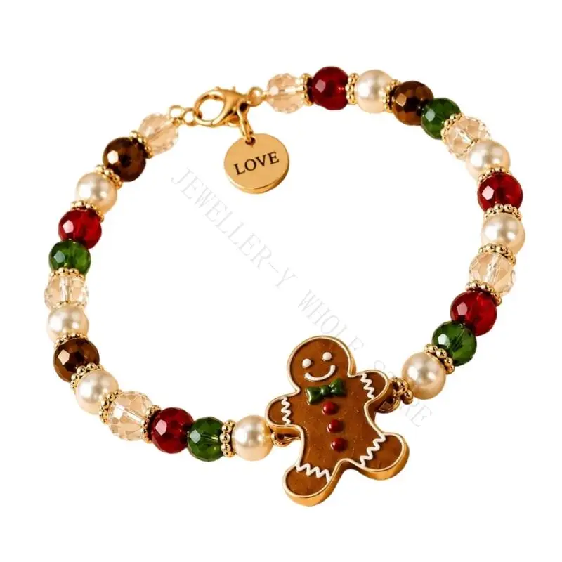 R7UF Christmas Bracelet with Resin Components, Central Holiday Charm, Beaded Structure, Round Word Detail and Individual Gift