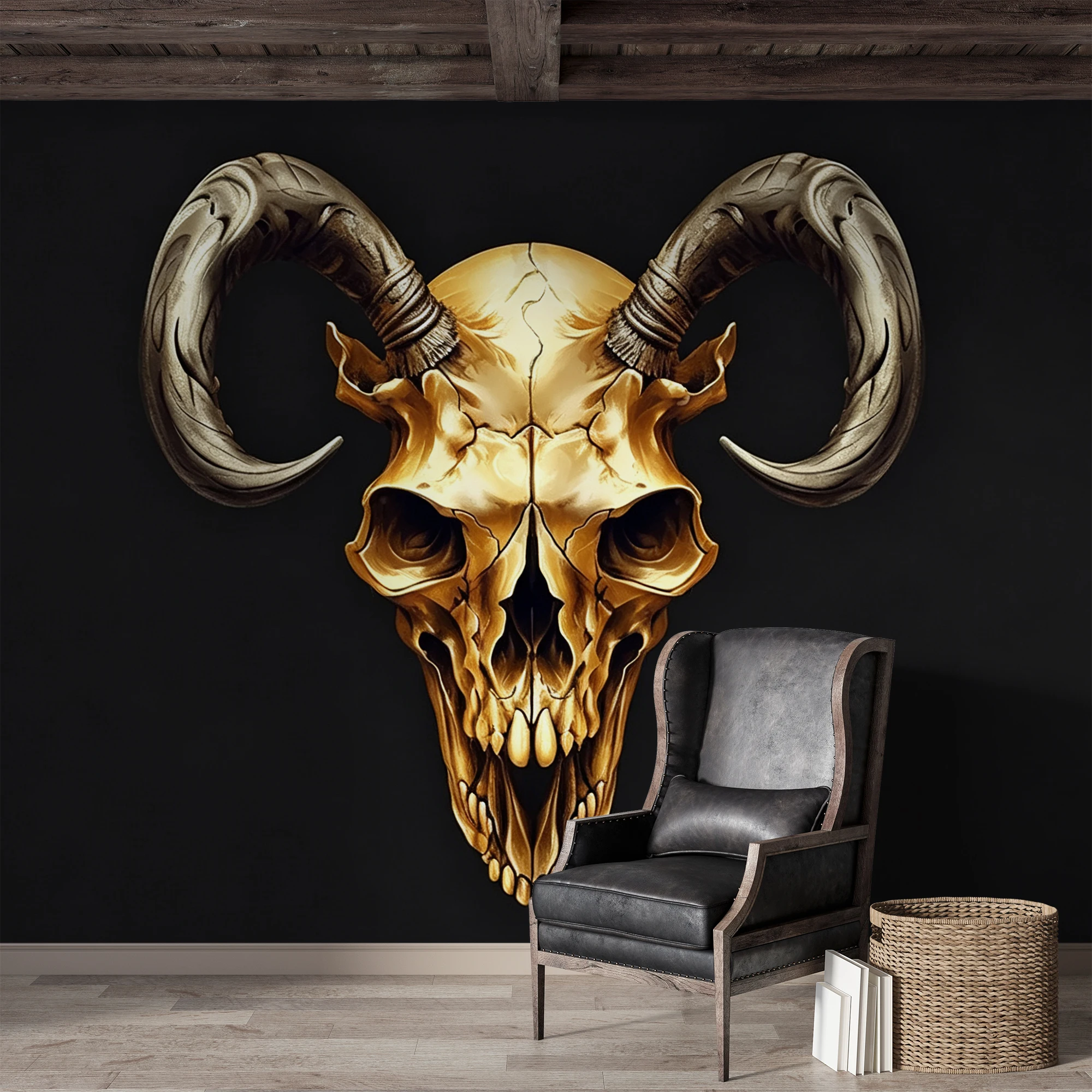 Golden Ram Skull Wallpaper, Dark Gothic Style Wall Mural, Bedroom Bar Background Wall Decor