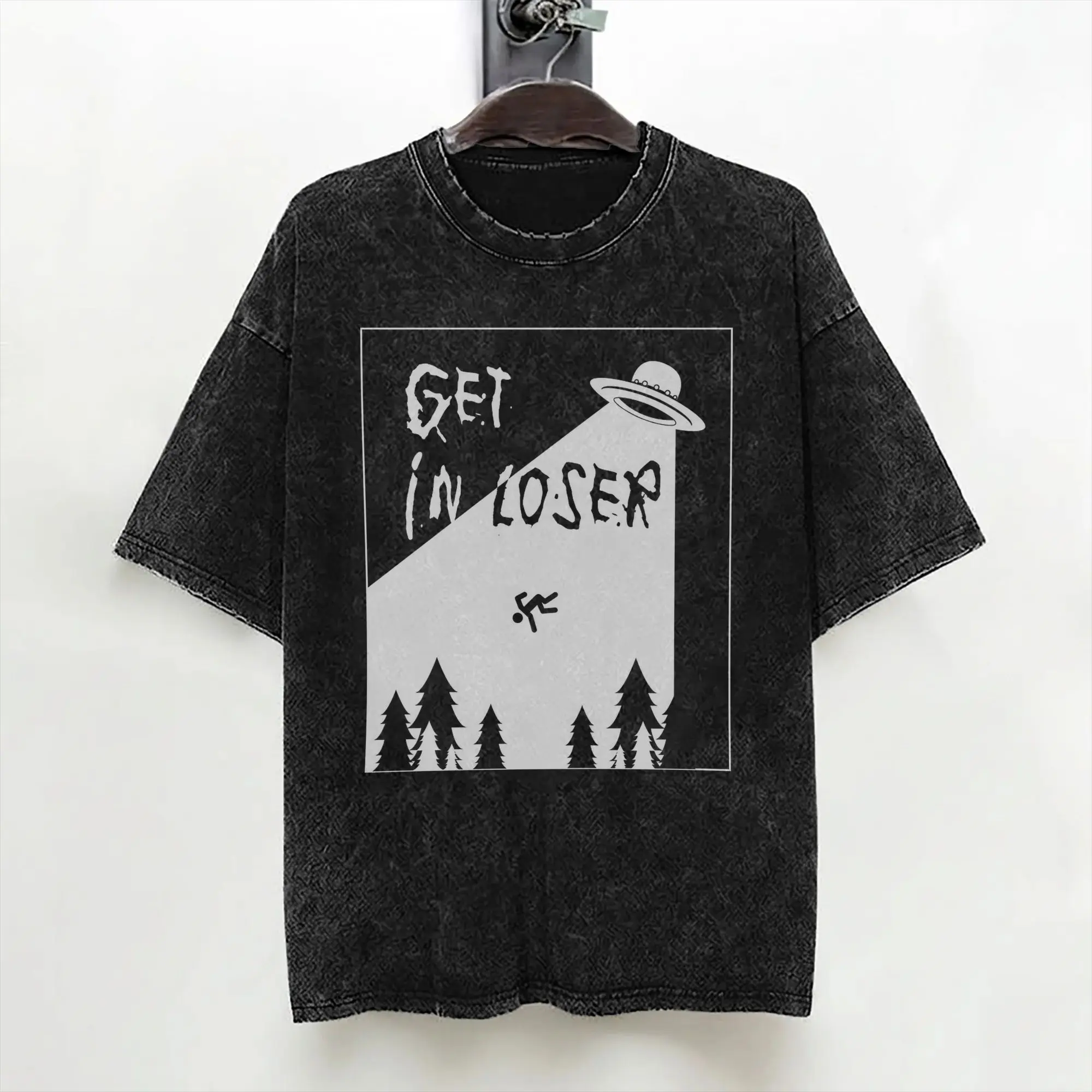 Get In Loser Alien design Abduction  Washed T Shirts Streetwear Hip Hop Vintage T-Shirt Tees for Men Women Short Sleeve Harajuku