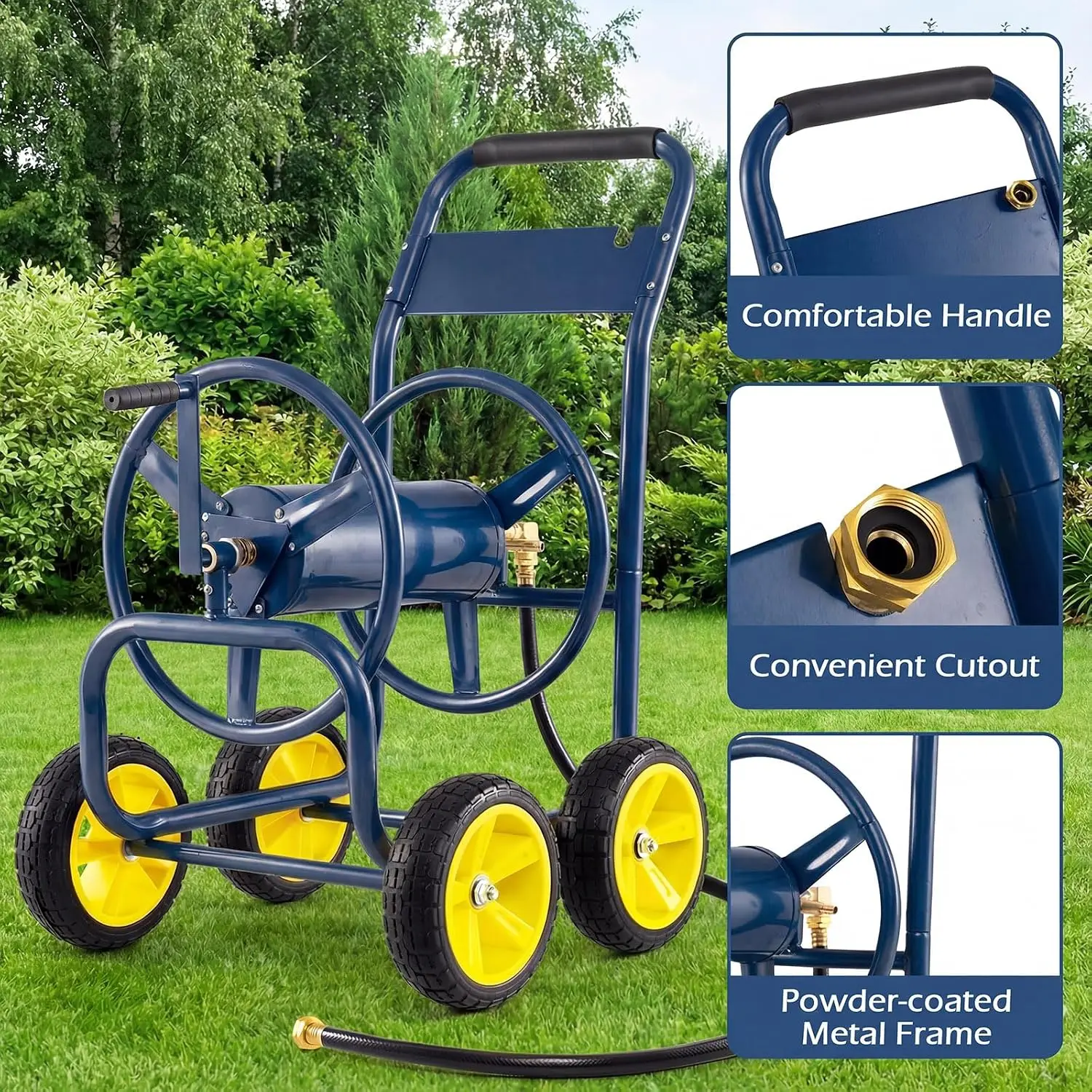 Mobile Garden Hose Reel Cart, Heavy Duty Metal Frame Water Hose Roller Organizer With Four Solid Wheels, High Capacity Outside Watering Winder For Yard Lawn Patio Garage, Navy Blue - view 5