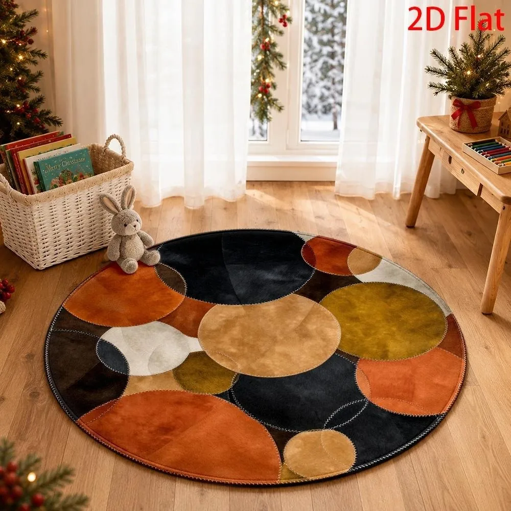 Modern Abstract Geometric Round Rug Color Circle Golden Line Foil Texture Print Circular Floor Mat for Living Room Bedroom