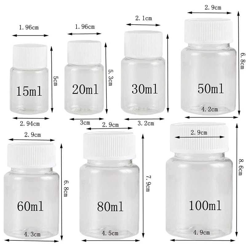 Lot de 10 pièces de pilules médicales en plastique l'horloge transparent africain, nombreux réactifs HI pour poudre liquide solide, 15ml/20ml/30ml/50ml/100ml