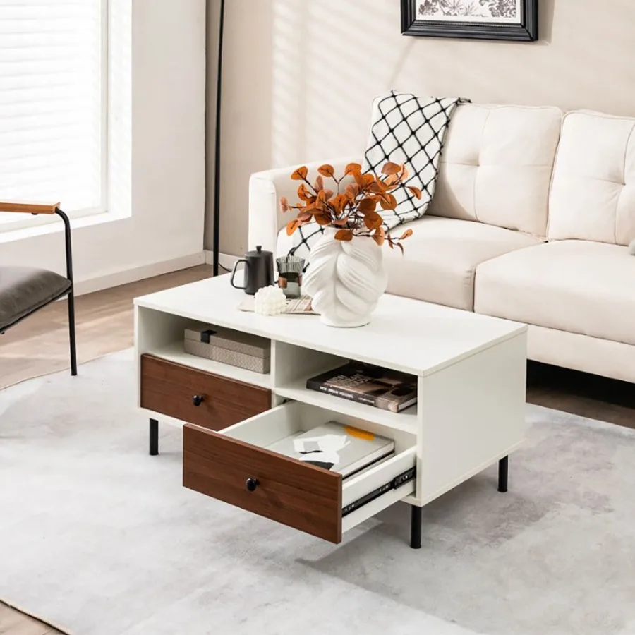 2 Tier 40 Inch Length Modern Rectangle Coffee Table with Storage Shelf and Drawers living room table