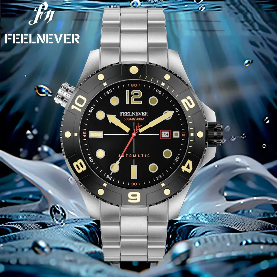 FEELNEVER ساعة أوتوماتيكية للرجال موضة الياقوت مقاوم للماء ساعة مضيئة الرجال الفولاذ المقاوم للصدأ ساعات المعصم الميكانيكية للرجال