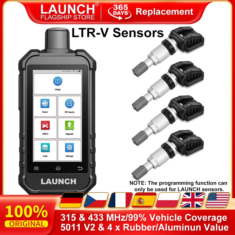 

LAUNCH X431 5011 V2 Инструмент OBD2 TPMS 12 функций сброса Wi-Fi Активация 315/433 МГц с 4 резиновыми/алюминиевыми датчиками LTR-V