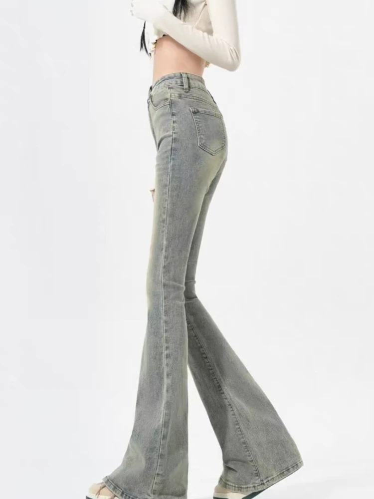 Retro jeans feminino fino ajuste calças de rua alta elegante commute primavera macio estilo europeu chique casual básico outono comprimento total