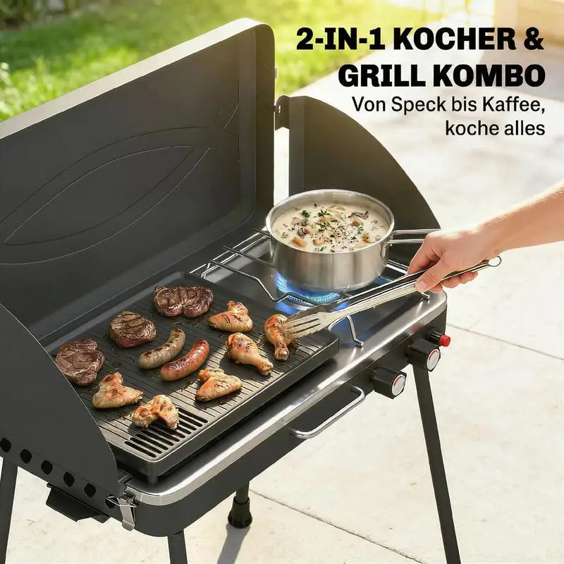 BBQ-Grill, Tragbarer Gasgrill, 2-in-1 Tischgrill mit Bratfunktion …