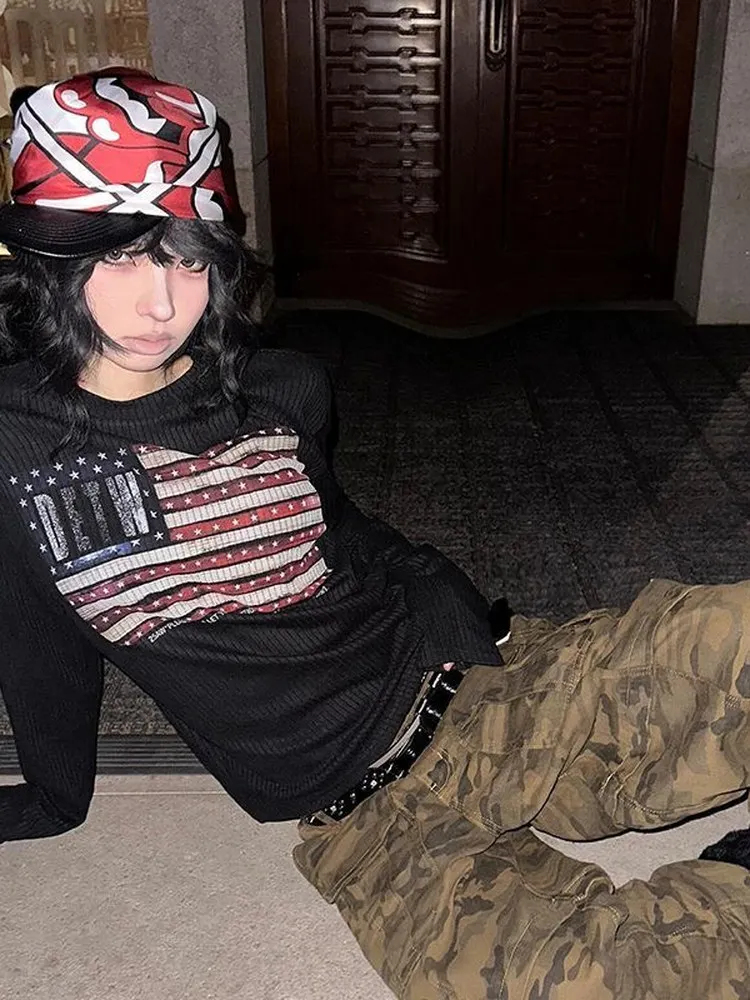 

Ретро-американская футболка с длинным рукавом для женщин, в стиле панк-рок Y2K, визуальная серия в стиле субкультуры Hot Girl, легкий топ