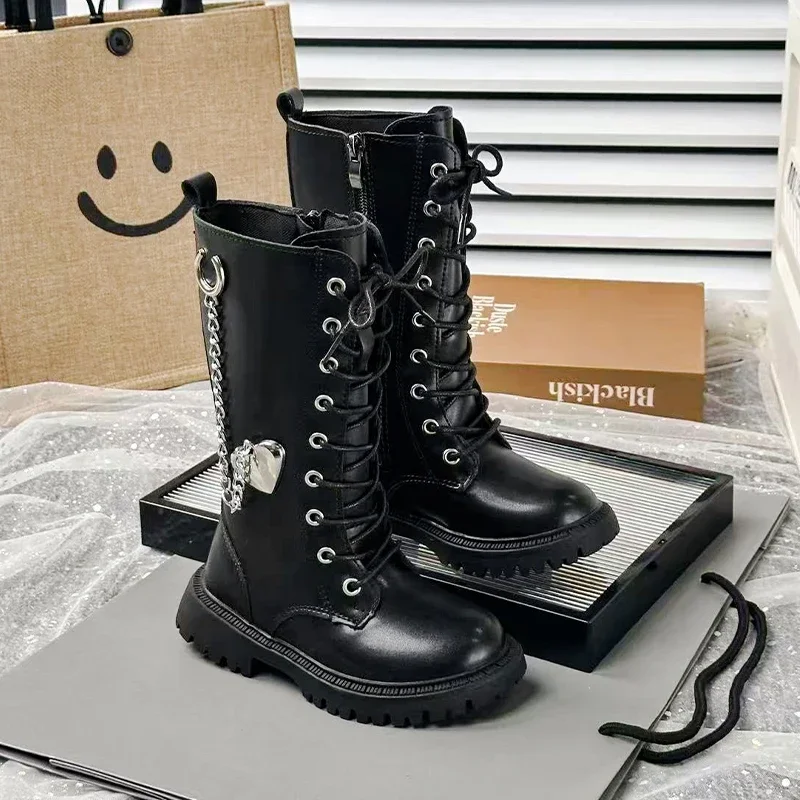 Fall girls' lace-up boots - Cool and stylish queen-style boots with metal chains and knee-length design - Black and white boots