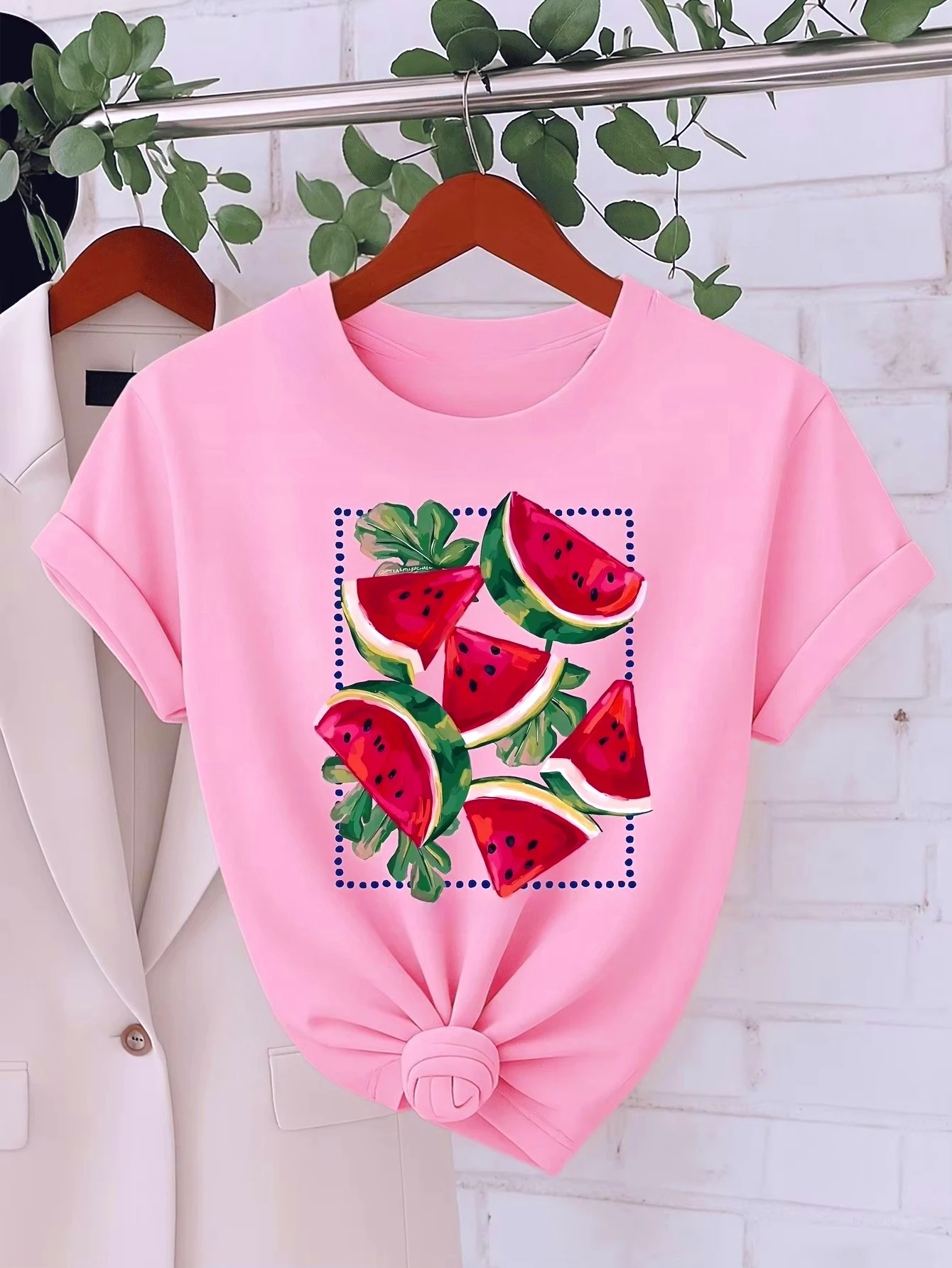 Watermelon Print Minimalist Style Women T-shirt Summer Women's Casual Crew Neck Short Sleeve Top Daily Soft Comfortable Clothing