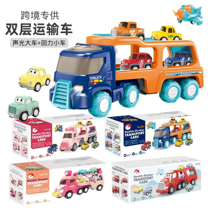 

Multifunctional acousto-optic transporter children's inertial double-deck trailer transporter toy suit