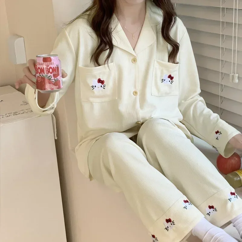 New Sanrio Hello Kitty loungewear pajamas, autumn pure cotton women's long-sleeved trousers loose cardigan women's pajamas