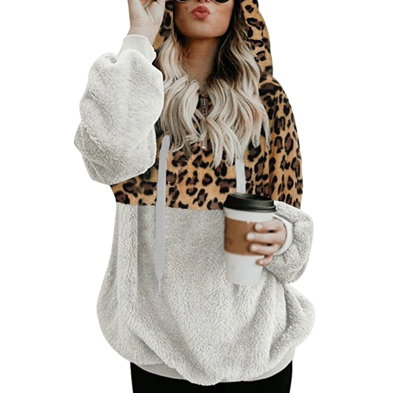 Women\'s  Sweatshirt Autumn  Winter Long Sleeve Leopard Loose Casual Lint Thermal Hooded  Sweatshirt